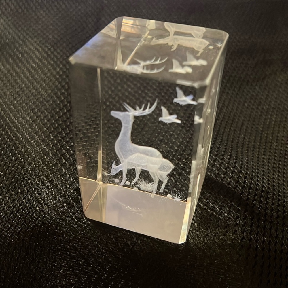 Decorative glass block with 3D deer scene etched inside